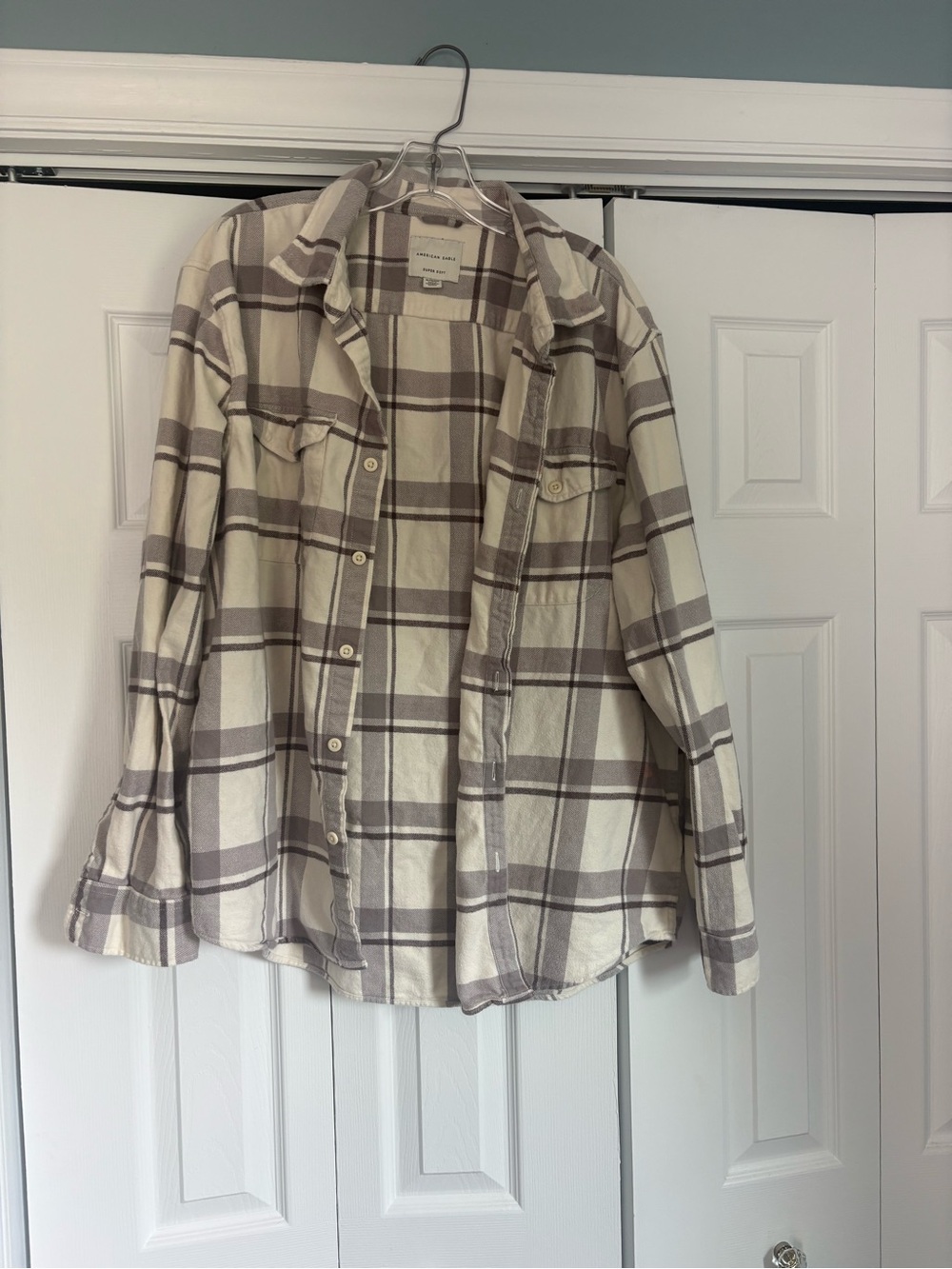 American Eagle Outfitters Cream & Taupe Plaid Button-Down Flannel Shirt